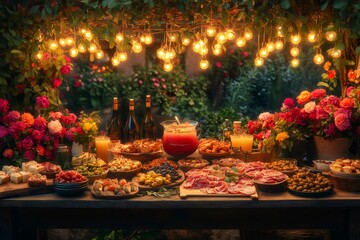 Naklejka premium Delicious food and drinks displayed on table at outdoor party with string lights