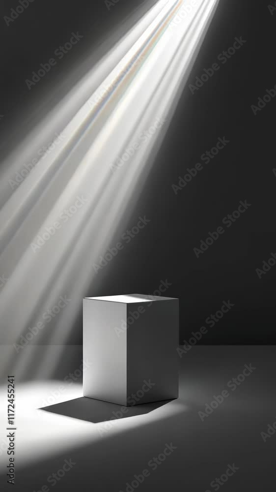 Poster light beams illuminate a minimalistic white cube in a darkened space creating a striking contrast