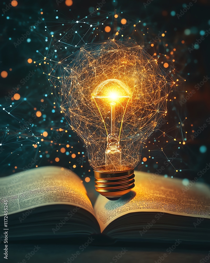 Poster science and ai technology fusion, a glowing light bulb and digital brain on an open book, representi