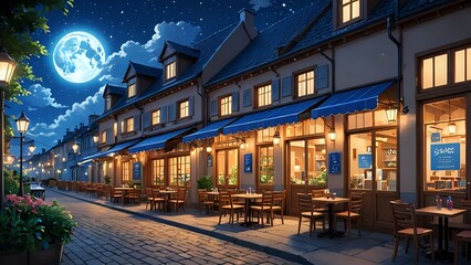 Naklejka premium Cozy street cafe illuminated at night under the full moon with warm atmosphere