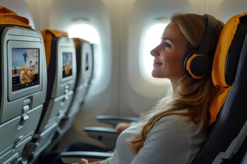 Young woman listening music with headphones on airplane flight