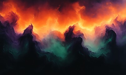 Fiery, ethereal landscape with swirling, dark teal and orange clouds.