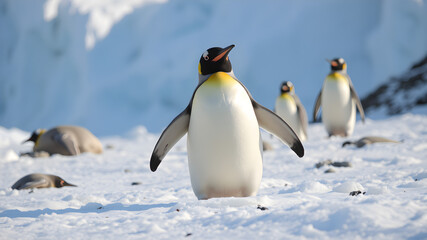 Obraz premium A penguin stands in the snow with its head up, looking at the camera