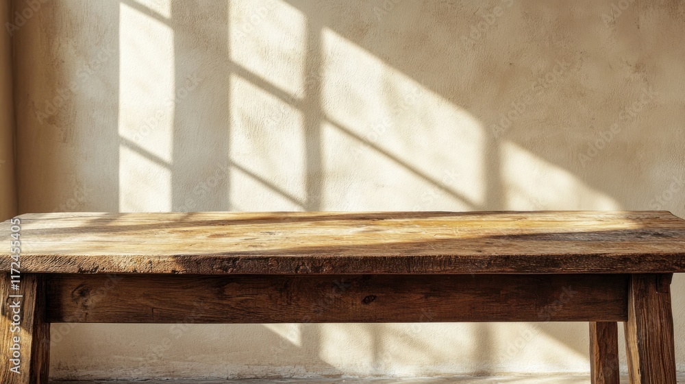 Poster a rustic wooden table with visible marks and imperfections, placed in an empty interior with warm be