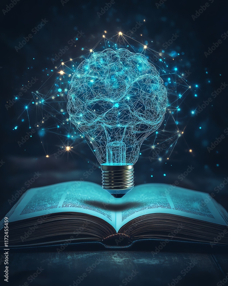 Poster science and ai technology fusion, a glowing light bulb and digital brain on an open book, representi