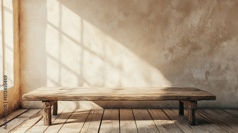 Aufkleber a rustic wooden table with visible marks and imperfections, placed in an empty interior with warm be