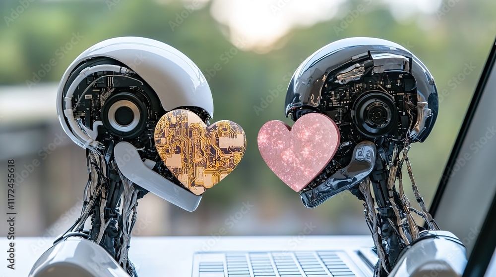 Poster robot emotion connection with hearts in a futuristic setting