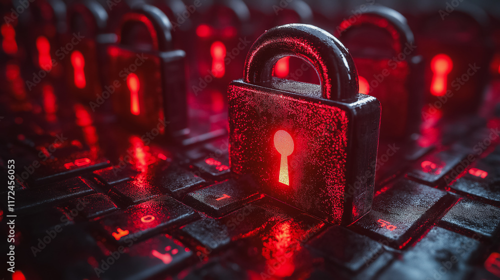Poster cybersecurity: a row of padlocks on a red-lit keyboard illustrate digital security and data protecti