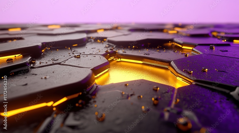 Poster abstract hexagonal liquid texture with neon glow and reflection