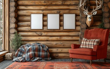 Cozy cabin interior with armchair, frames, and deer head. Winter lodge relaxation. Home decor mockup.