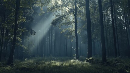 Fototapeta premium Sunbeams Piercing the Misty Forest