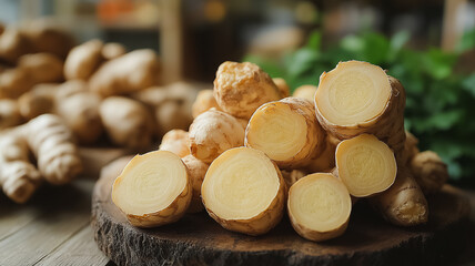 Fresh Ginger Root Slices on Wooden Board 