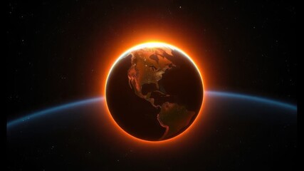 "A breathtaking cosmic scene depicting Earth's curvature from a high vantage point in space. The vibrant atmosphere glows with hues of blue and golden orange, as sunlight dramatically....