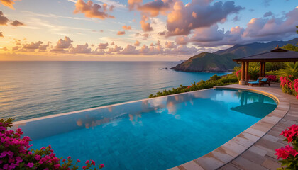 "Luxurious Infinity Pool Overlooking a Serene Tropical Ocean at Sunset with Vibrant Flowers, Rolling Hills, and a Tranquil Pavilion Setting"