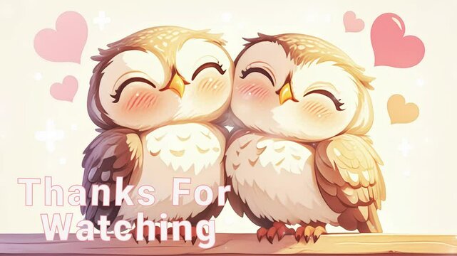 Cute owls expressing affection against a backdrop of love and warmth thanks for watching stream overlay seamless loop Vtuber streamer asset twitch zoom OBS screen animated wallpaper virtual background