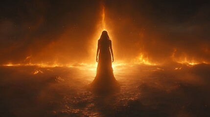 Woman in fiery landscape, backlit silhouette.