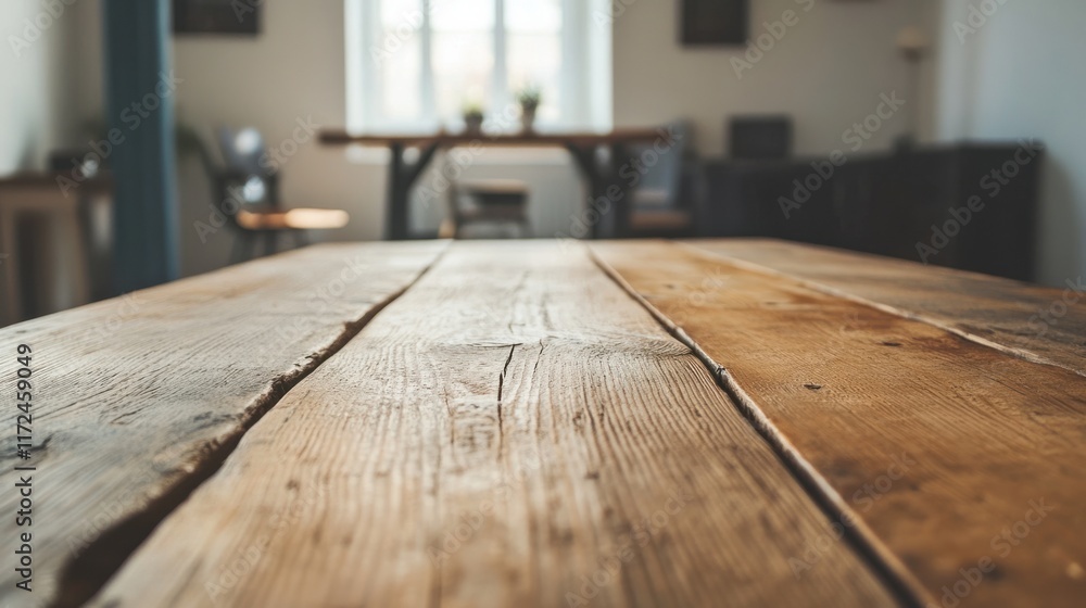 Poster a weathered wooden table with visible grain patterns, sitting in an open, uncluttered interior desig