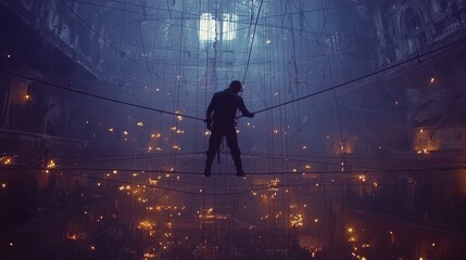 Stuntman practicing wire standard techniques film set behind-the-scenes shot dramatic atmosphere low angle viewpoint action and thrills in motion