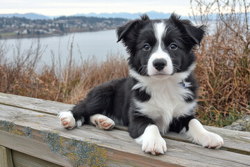 Puppy resting on bench overlooking coastal town