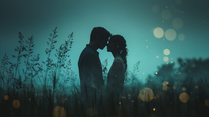 Night Embrace: Silhouetted Couple's Romantic Moment in a Mystical Field 