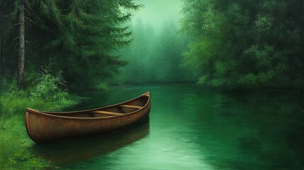 A serene landscape featuring a rustic canoe on calm, emerald waters surrounded by lush greenery and misty trees, perfect for nature-themed projects, meditation apps