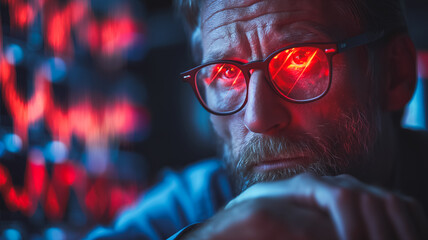 Cyberpunk Visionary: A pensive, mature man with red-lit glasses gazes intently, his expression a blend of contemplation and determination, set against a backdrop of vibrant.