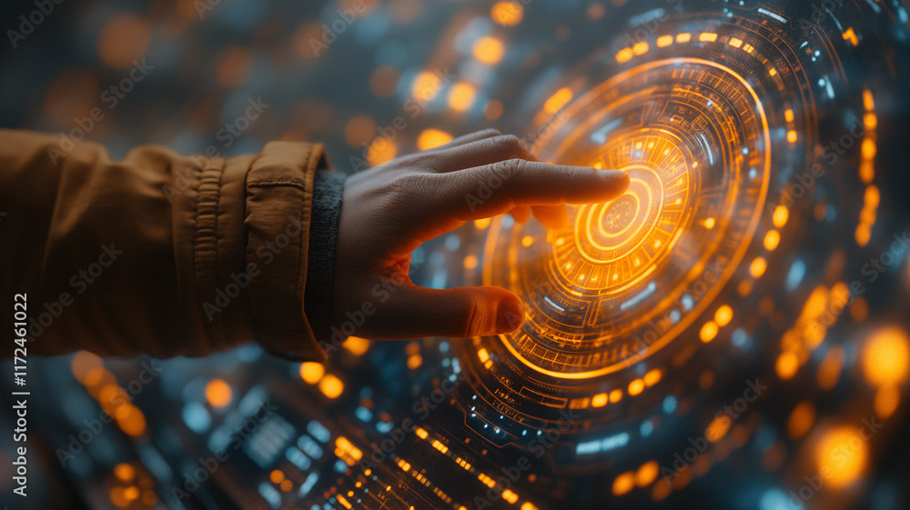 Poster accessing the future: a hand reaches out to activate a futuristic, glowing interface. the image evok
