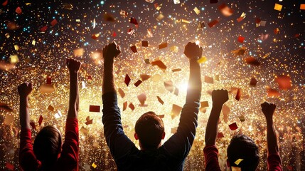 Celebratory event with confetti and raised fists nighttime crowd atmosphere joyful environment excitement concept
