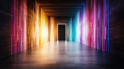 Vibrant Light Beams Emanating From Dark Doorway in Modern Hallway