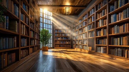 Fototapeta premium A photostock of a peaceful library with rows of bookshelves and cozy reading corners
