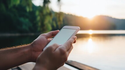 Person using a tablet near a serene lake at sunset, enjoying nature and technology in harmony.