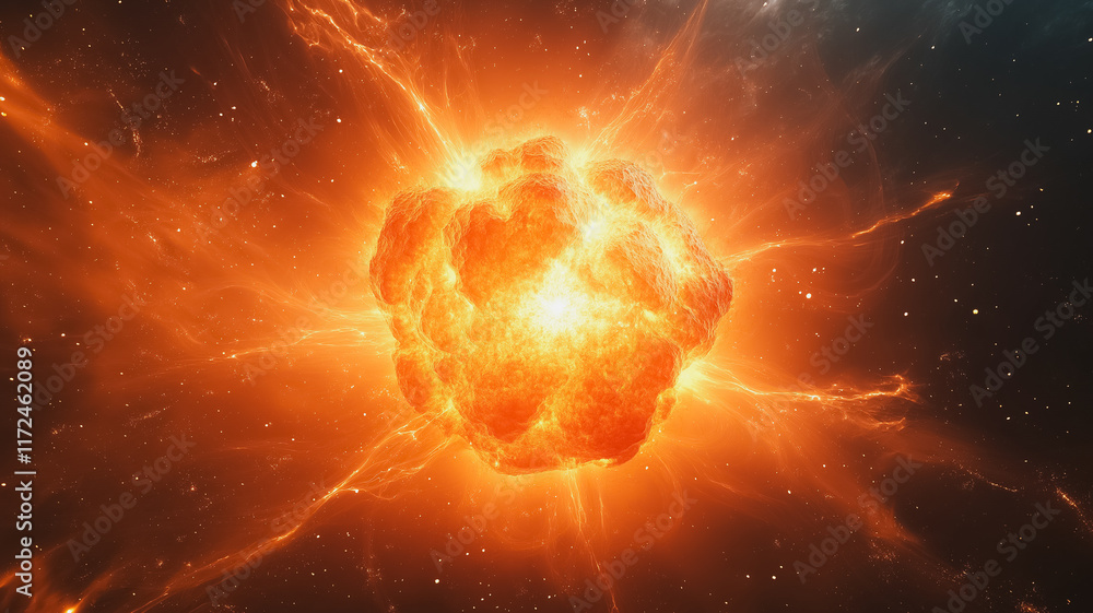 Poster cosmic explosion: a fiery celestial event unfolds in the vastness of space, capturing the raw power 