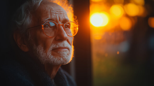 Golden Hour Reflection: An elderly man with glasses gazes thoughtfully out a window as the sun sets, creating a warm and nostalgic mood.