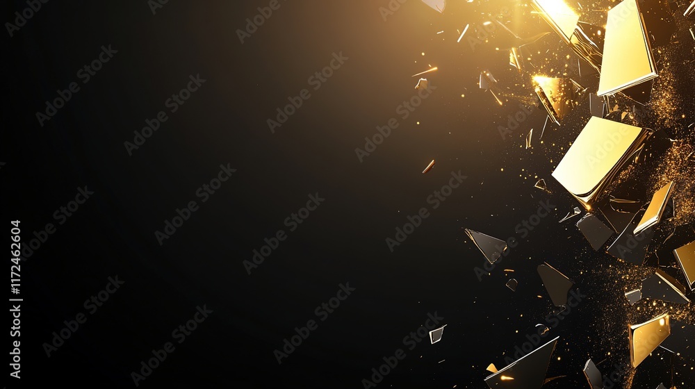 Poster shattered gold pieces in dynamic sparkling display on dark background