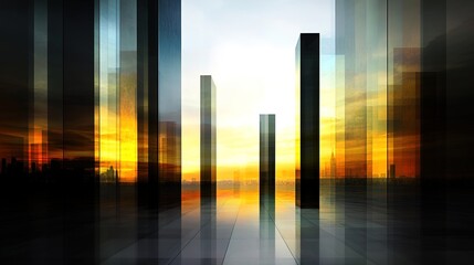 Abstract Modern Cityscape with Glass Towers and Sunset Reflections