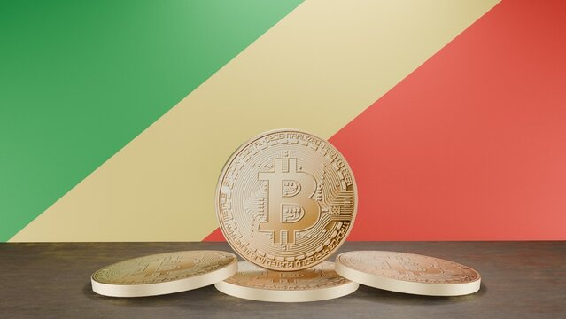 Golden bitcoin coin in front of Republic of the Congo flag, symbolizing cryptocurrency and digital finance, representing blockchain innovation and financial technology in a patriotic context