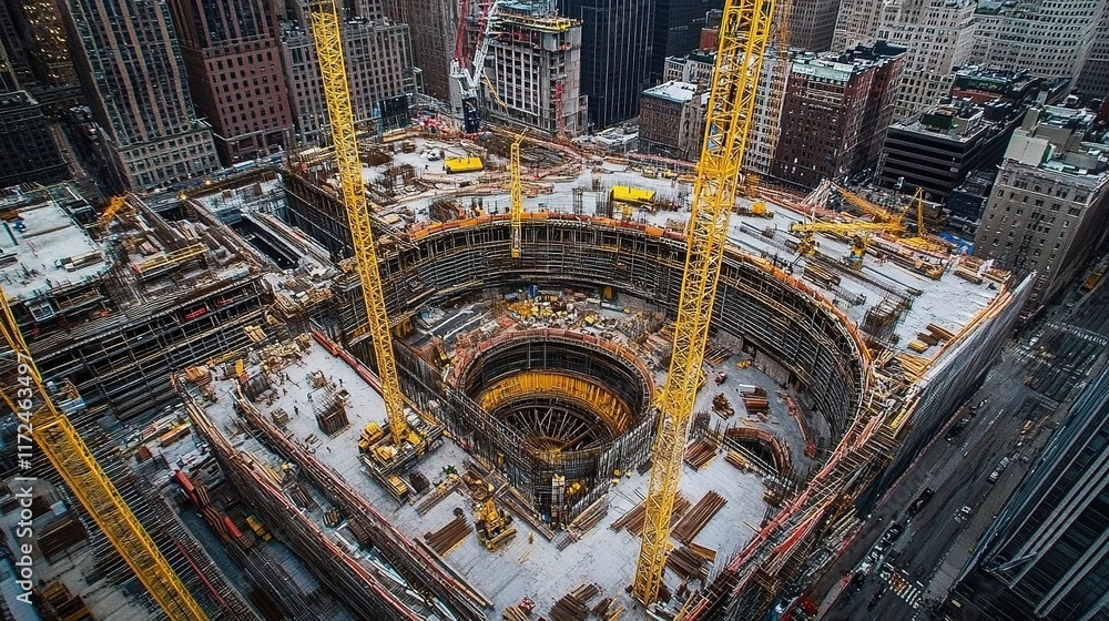 Poster large construction project with multiple cranes in urban setting