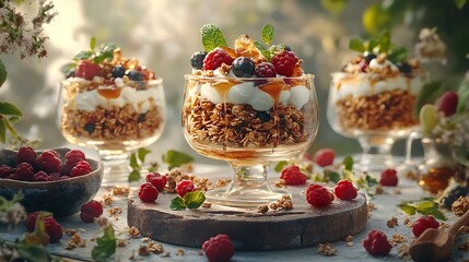 Obraz premium A rustic breakfast table featuring glass bowls of granola layered with creamy yogurt and drizzled with golden honey, garnished with fresh berries and mint leaves,