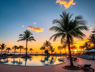 Obraz premium Tropical poolside resort at sunset with palm trees and relaxing atmosphere