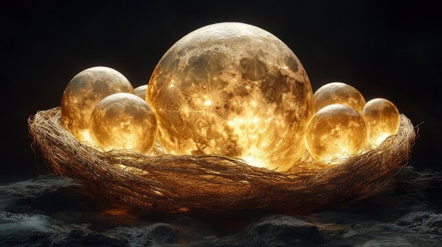 Giant nest made of golden threads holding a collection of moon phases