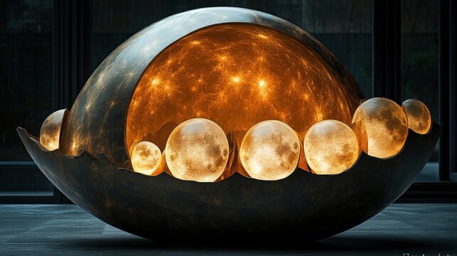 Giant nest made of golden threads holding a collection of moon phases