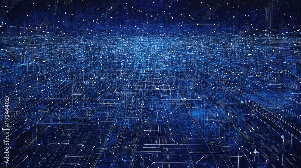Poster abstract blue digital technology grid with connected nodes and lines
