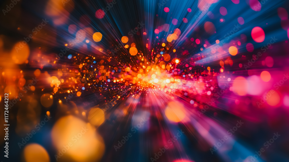 Poster vibrant light burst: abstract image of colorful light streaks and bokeh, creating a dynamic and ener