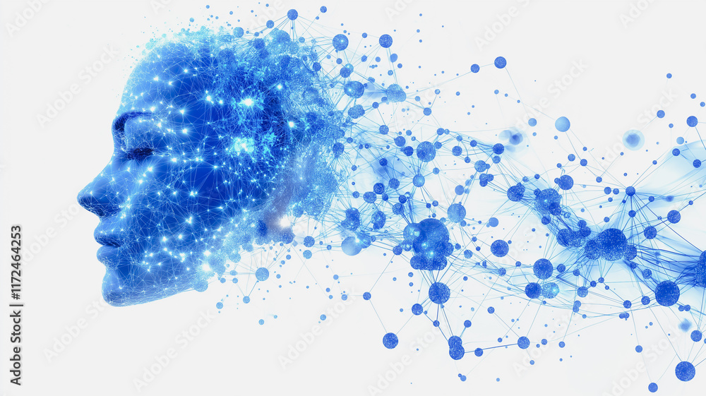 Aufkleber digital mind: abstract portrait of a woman's face dissolving into a network of glowing blue particle