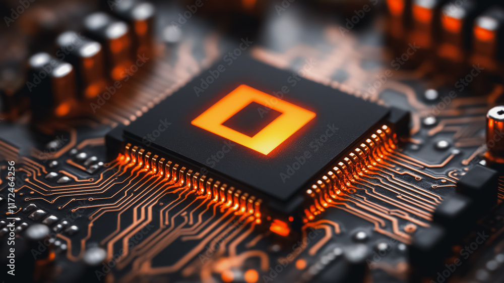 Poster processor power: close-up of a modern cpu glowing on a circuit board, showcasing intricate technolog