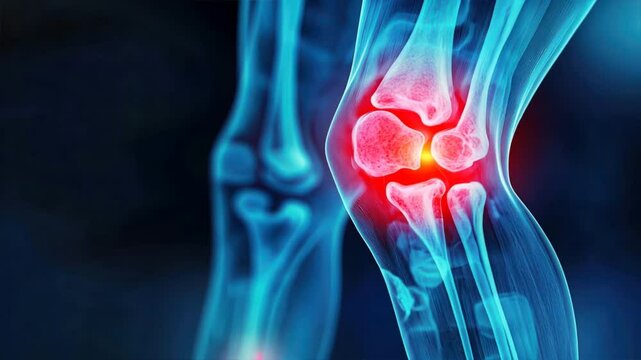 Digital x ray of knee joint pain with red inflammation focus one leg close up, injury and accident treatment concept for mcl and knee related conditions