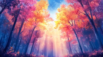 A vibrant autumn forest scene filled with colorful trees and soft sunlight filtering through the leaves, creating a serene atmosphere, Ideal for nature-themed projects, wallpapers
