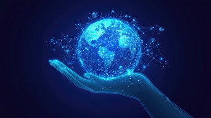 hand showing technology polygone globe communication on blue background