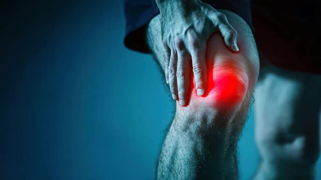 Close up of knee pain in a man red light highlighting pain over blue background, injury and accident treatment, focus on mcl and related concerns