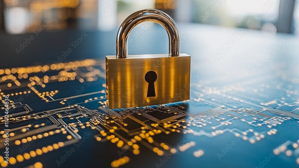 Poster cybersecurity: a close-up of a gleaming padlock symbolizing digital security, set against a backdrop